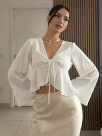 Women's White Tie-Up Front Flowy Crop Shirt