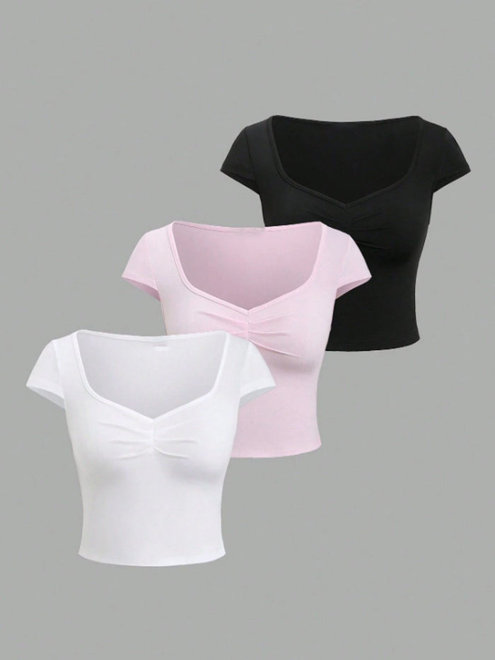 Ruched Front Cap Sleeve Crop Top Combo (Pack of 3)
