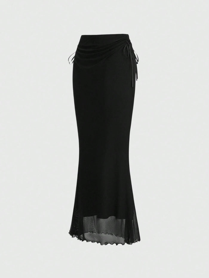 Black Ruched Waist Maxi Skirt with Sheer Hem