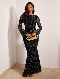 Women Black Polka Dot Backless Long Sleeve Maxi Dress