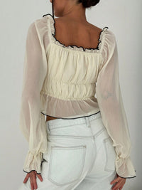 Long Puff Sleeve Contrast Trim Layered Split Hem Blouse
