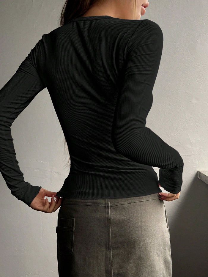 Women's Black Ribbed Button-Neck Slim-Fit Top