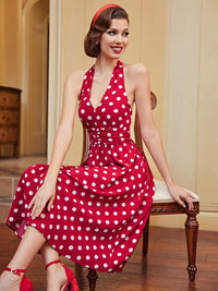 Red Polka Dot Halter Neck Backless Midi Dress for Women