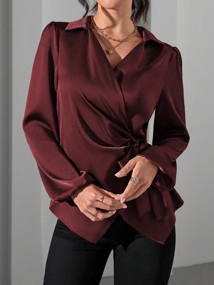 Wine Wrap-Style Tie-Up Blouse with Balloon Sleeves