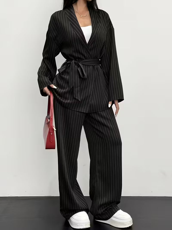 Women's Black Pinstripe Wrap Blazer & Wide-Leg Trouser Co-Ord Set