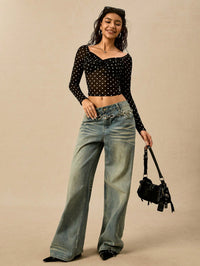 Women Black Polka Dot Twist Front Mesh Crop Top with Full Sleeves