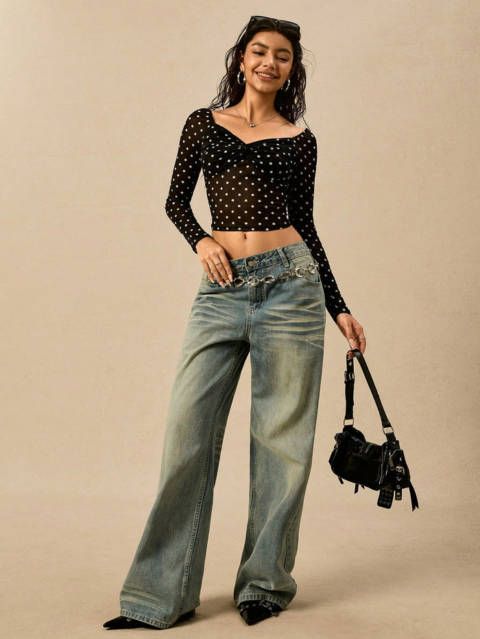 Women Black Polka Dot Twist Front Mesh Crop Top with Full Sleeves