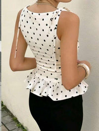 Women Cream Polka Dot Sleeveless Peplum Top with Tie-Up Straps