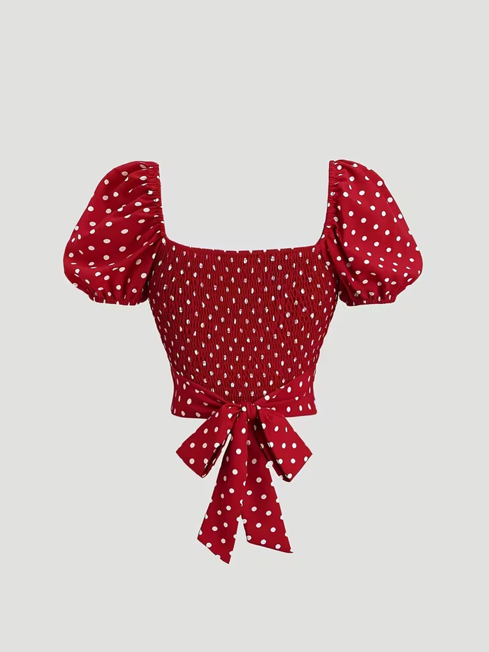 Red Polka Dot Puff Sleeve Tie-Back Crop Top