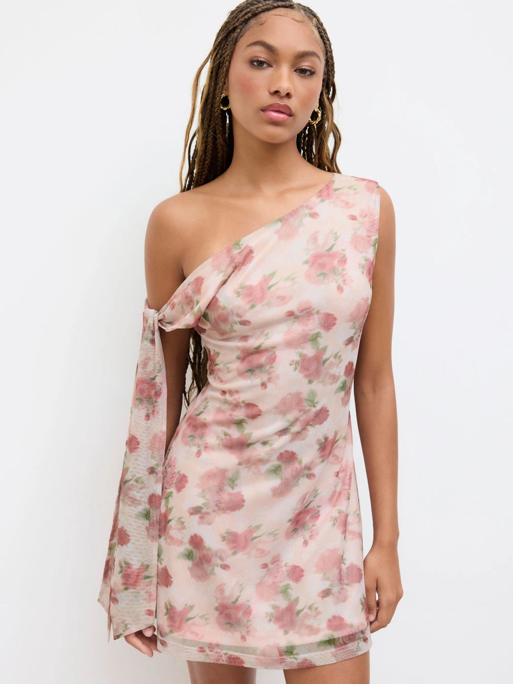 Blush Pink Floral One Shoulder Mini Dress with Sheer Mesh Overlay