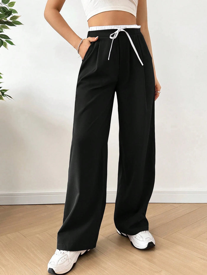 Black Wide-Leg Pants with Contrast White Drawstring Waist