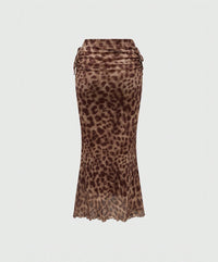 Leopard Print Ruched Mesh Maxi Skirt