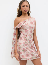 Blush Pink Floral One Shoulder Mini Dress with Sheer Mesh Overlay