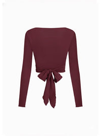 Burgundy Tie-Front Long Sleeve Crop Top for Women