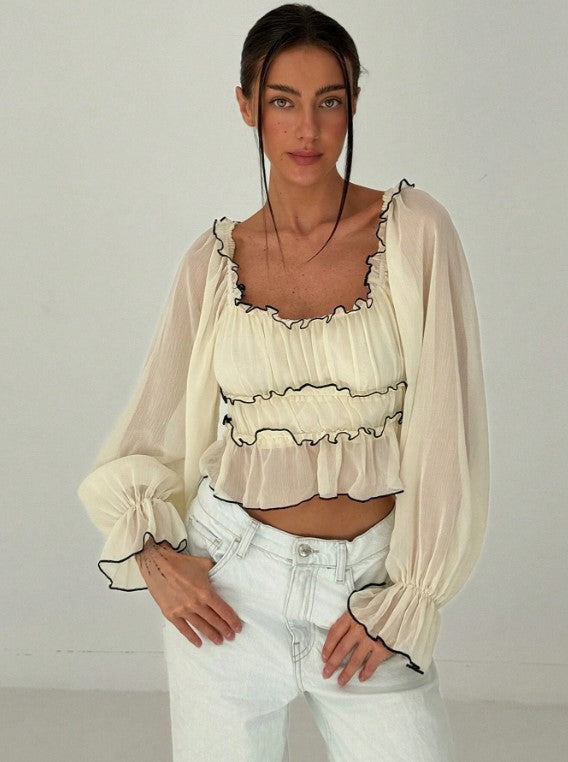 Long Puff Sleeve Contrast Trim Layered Split Hem Blouse