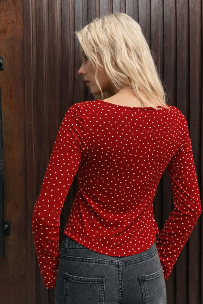 Women Red Polka Dot Tie-Up Front Crop Top with Long Sleeves