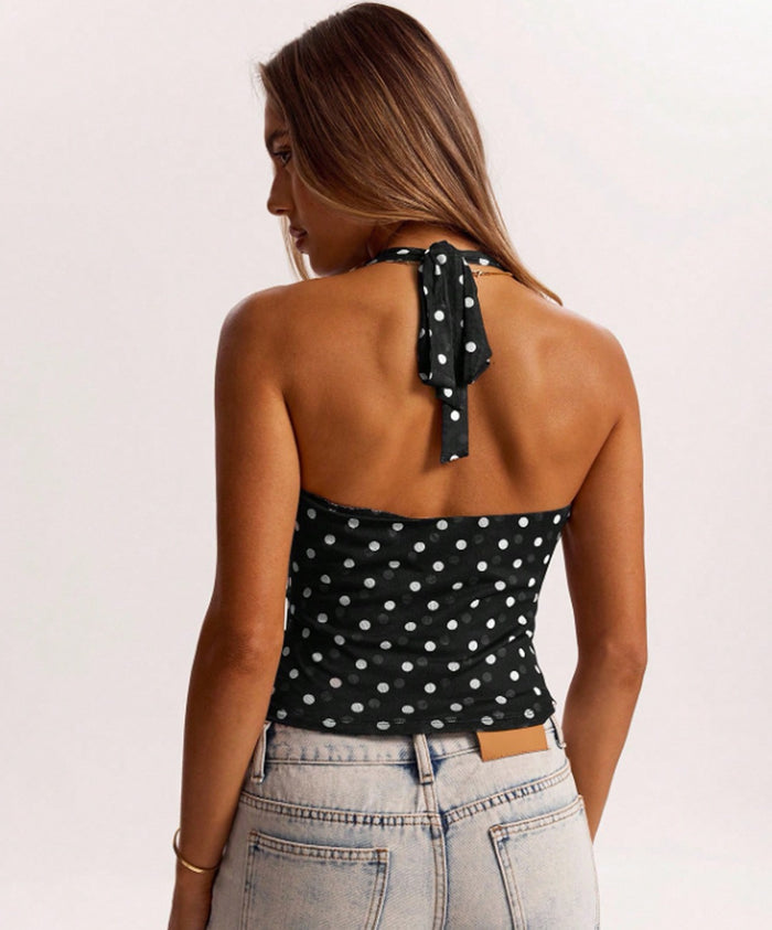 Black and White Polka Dot Cowl Neck Halter Top