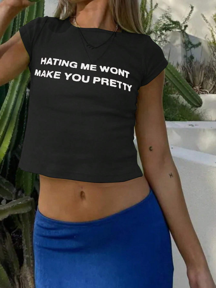 Black "Hating Me Won't Make You Pretty" Printed Crop Top for Women