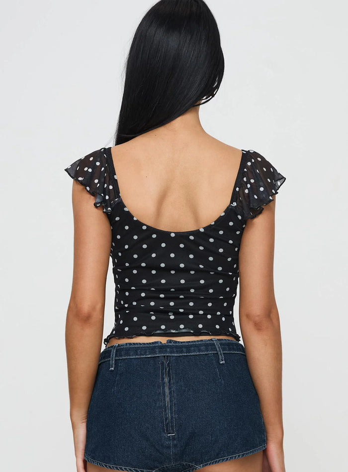 Black Polka Dot Ruffle Strap Crop Top