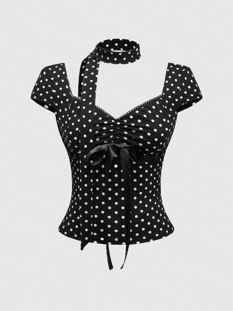 Women Black Polka Dot Tie-Up Top with Cap Sleeves & Neck Tie