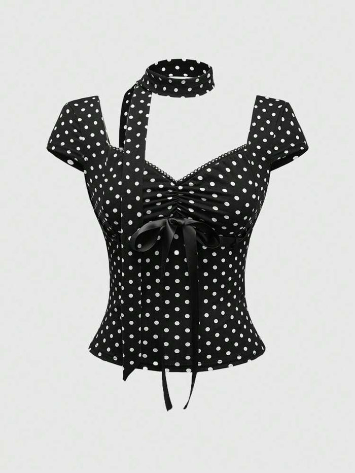 Women Black Polka Dot Tie-Up Top with Cap Sleeves & Neck Tie