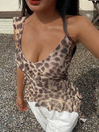 Women Leopard Print Ruffle Sleeveless Peplum Top