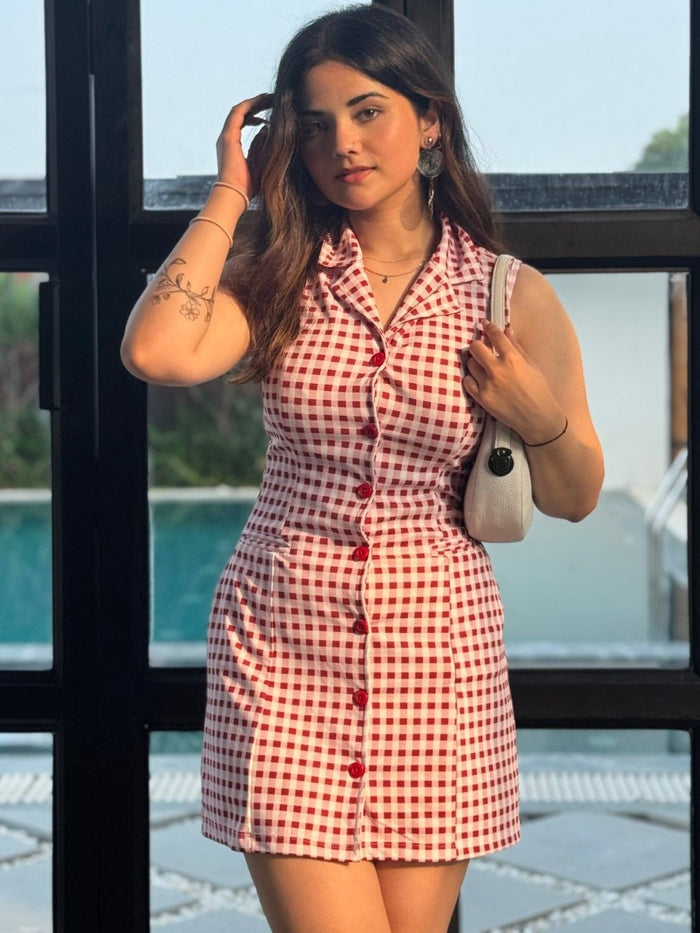 Red Gingham Sleeveless Button-Front Mini Dress