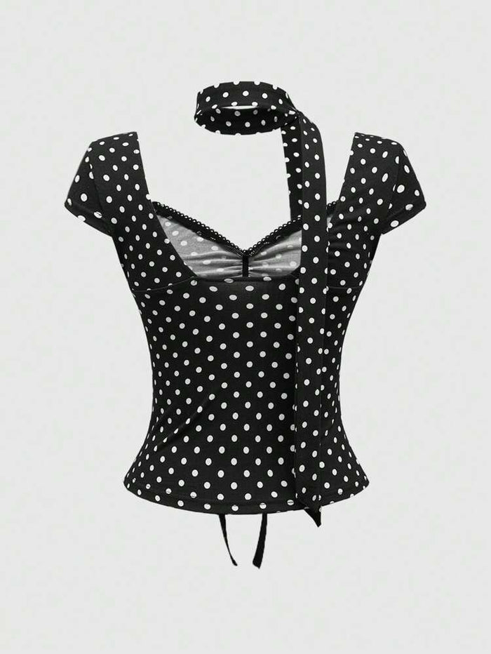 Women Black Polka Dot Tie-Up Top with Cap Sleeves & Neck Tie