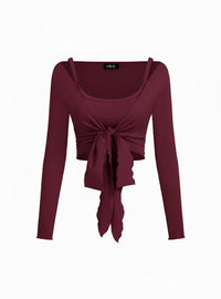 Burgundy Tie-Front Long Sleeve Crop Top for Women