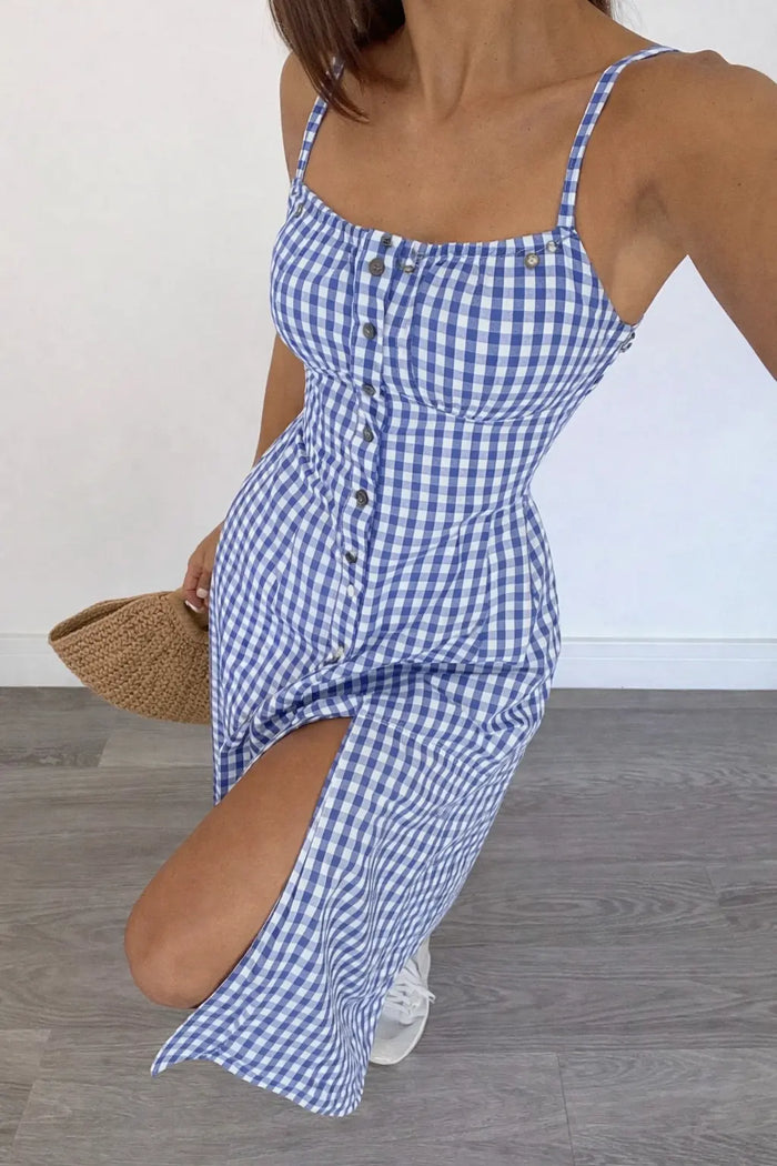 Blue Gingham Button Front Midi Dress for Women – Strappy Fit & Flare Summer Dress