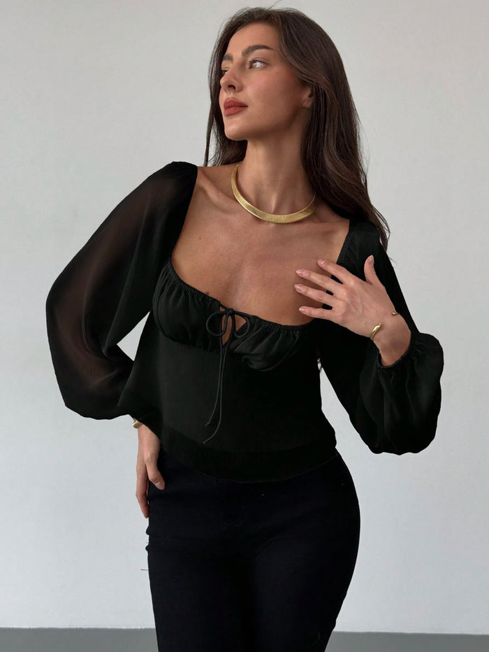 Women's Black Square Neck Sheer Bishop Sleeve Tie-Front Top