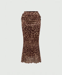 Leopard Print Ruched Mesh Maxi Skirt