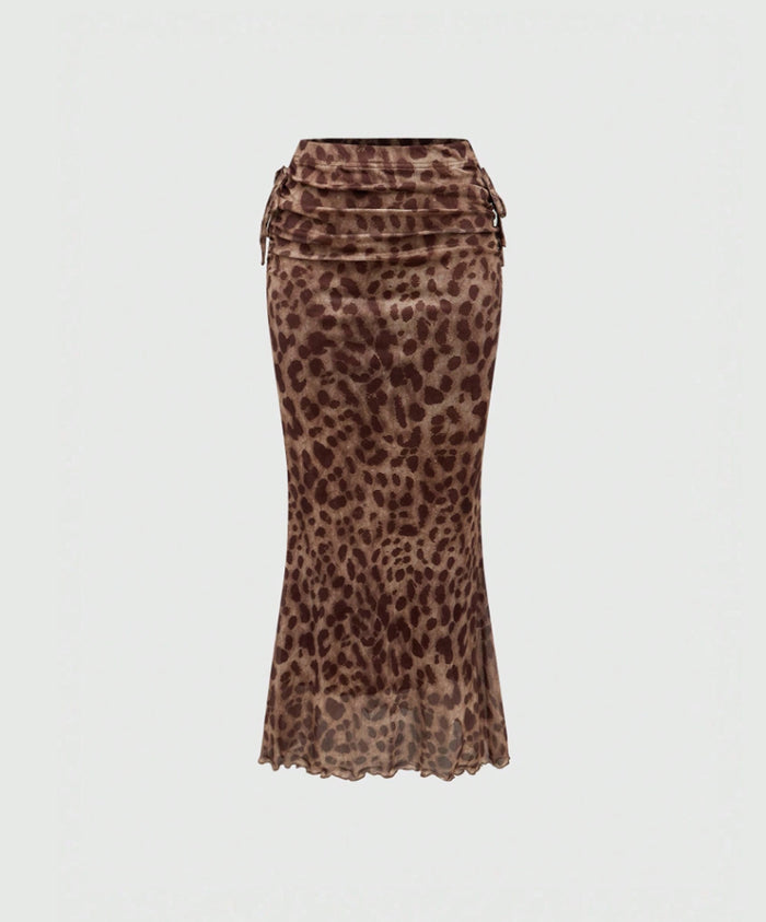 Leopard Print Ruched Mesh Maxi Skirt