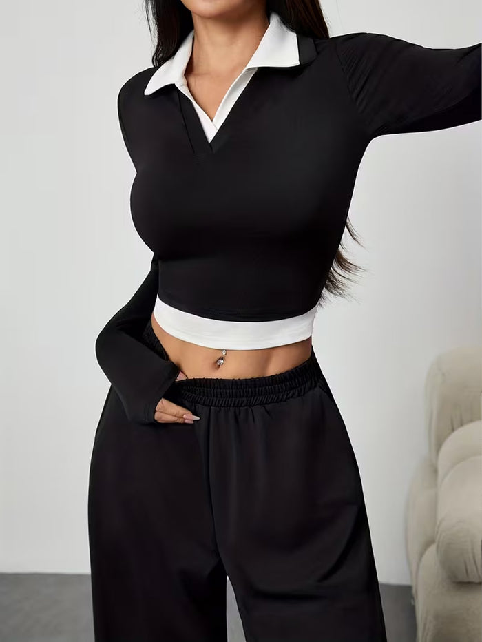 Black Contrast Trim Long Sleeve Cropped Polo & Wide Leg Trouser Co-ord Set