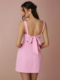 Pink Square-Neck Mini Dress with Bow-Tie Back Detail