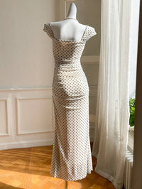 Women Cream Polka Dot Square Neck Bodycon Maxi Dress