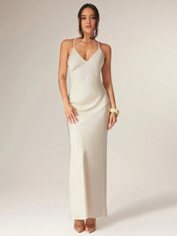 Ivory Satin Slip Maxi Dress for Women – Backless Strappy Evening & Party Gown