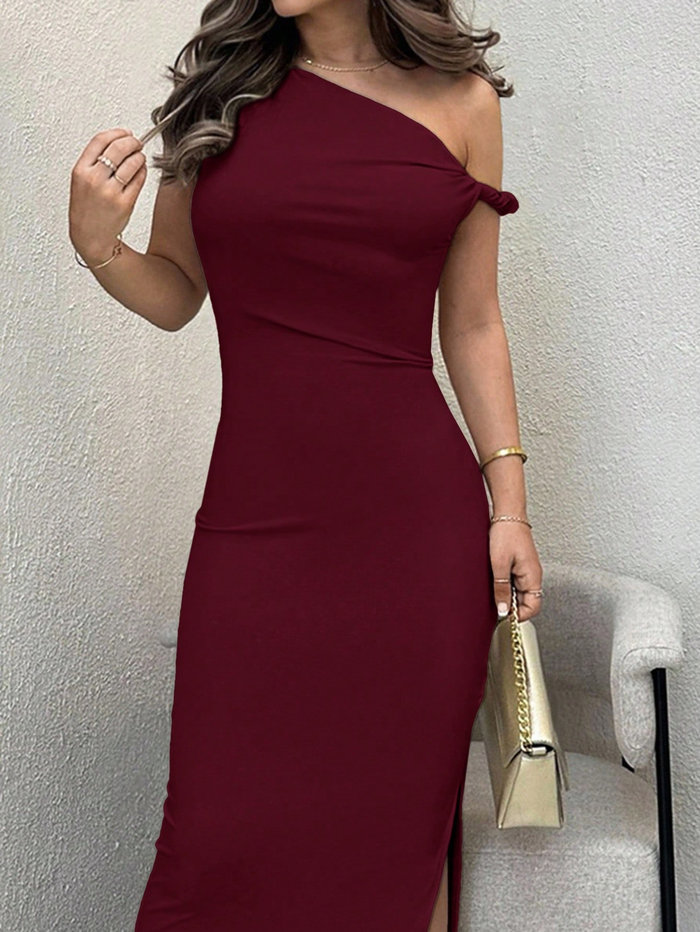 Wine One-Shoulder Bodycon Maxi Dress