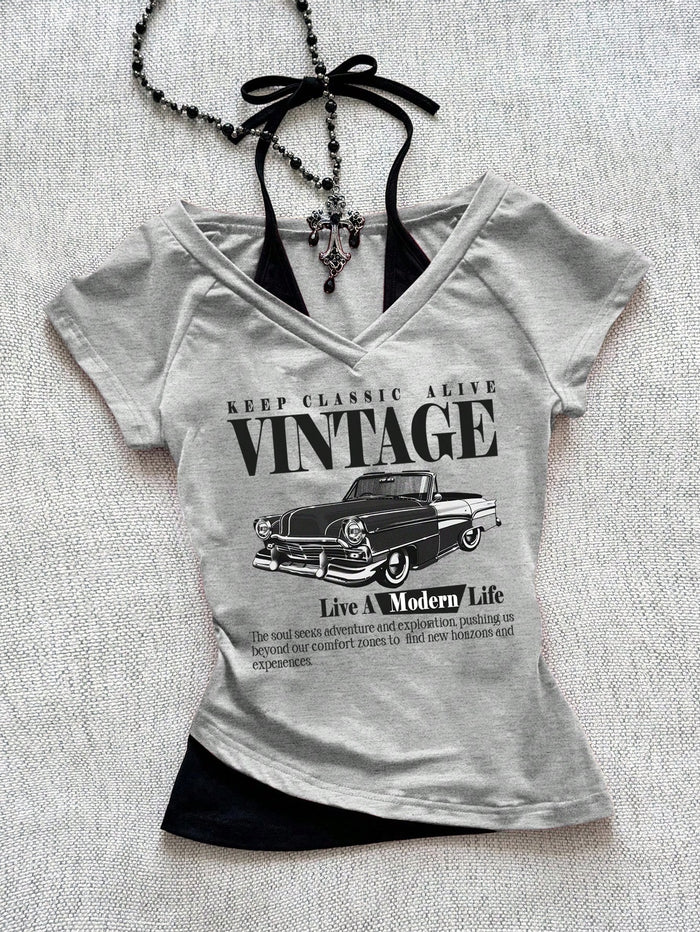 Grey Vintage Car Graphic V-Neck T-Shirt for Women