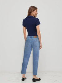 Navy Blue Collared Button-Down Fitted Top for Women