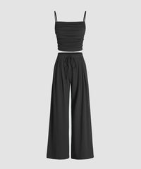 Set Of 2:Square Neck Ruched Top & Elastic Waist Trousers