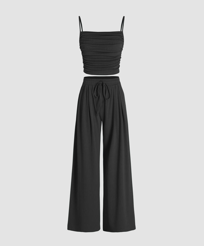Set Of 2:Square Neck Ruched Top & Elastic Waist Trousers