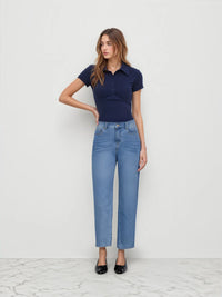 Navy Blue Collared Button-Down Fitted Top for Women