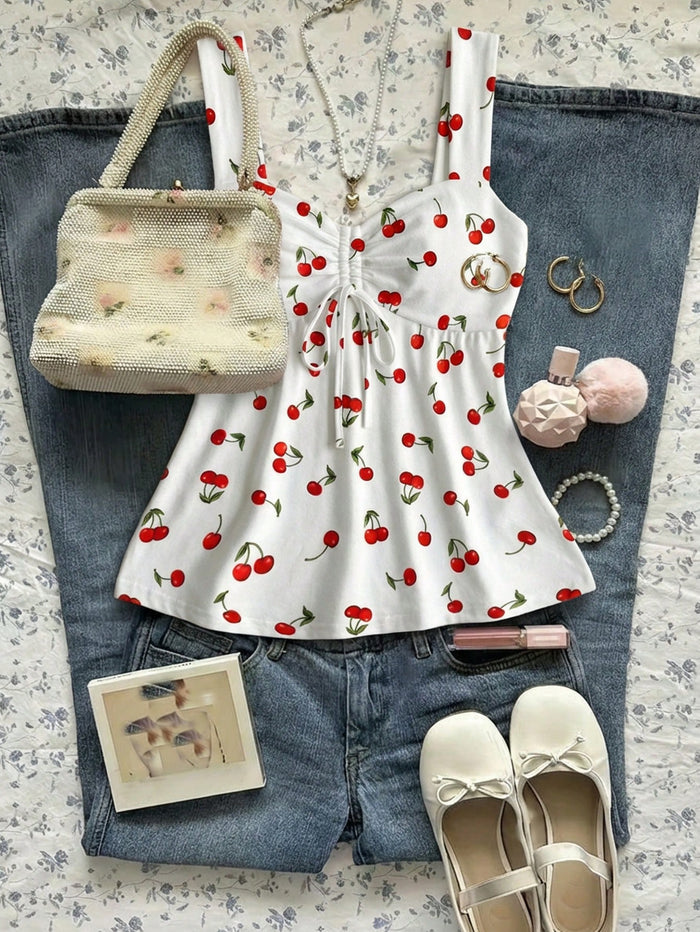 Women's White Cherry Print Ruched Peplum Top – Sweetheart Neck Summer Sleeveless Blouse