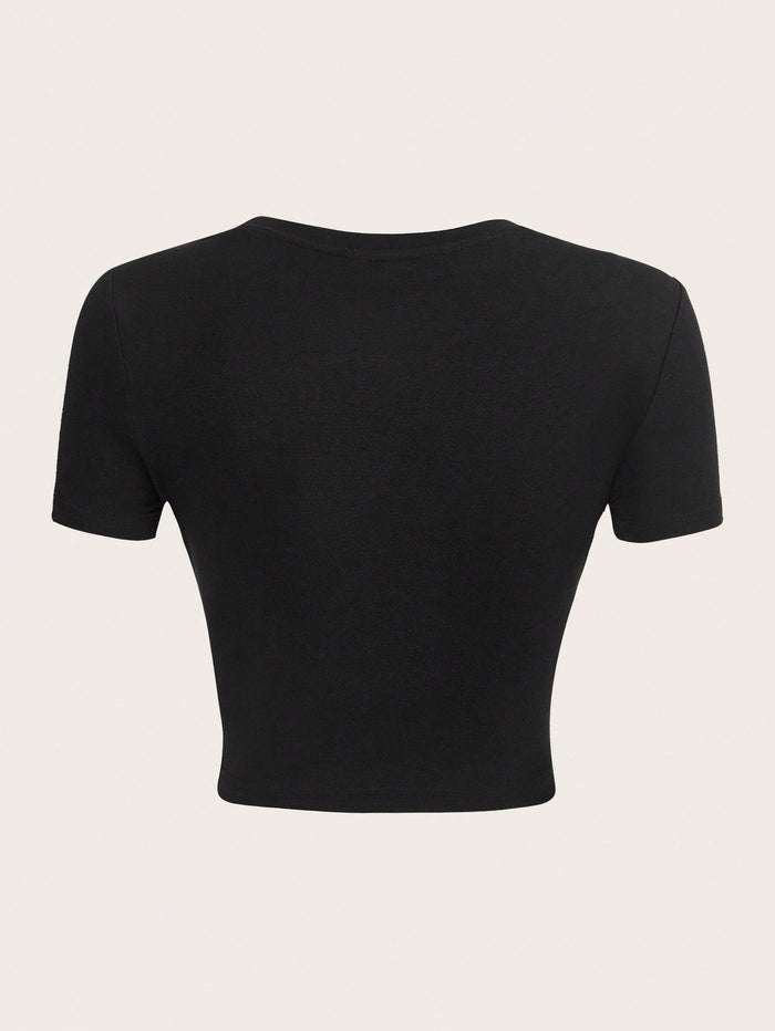 Black "Never Mind" Graphic Printed Crop Top for Women