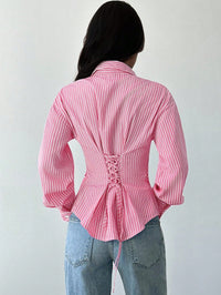 Women Pink Striped Corset Back Fitted Shirt with Long Sleeves