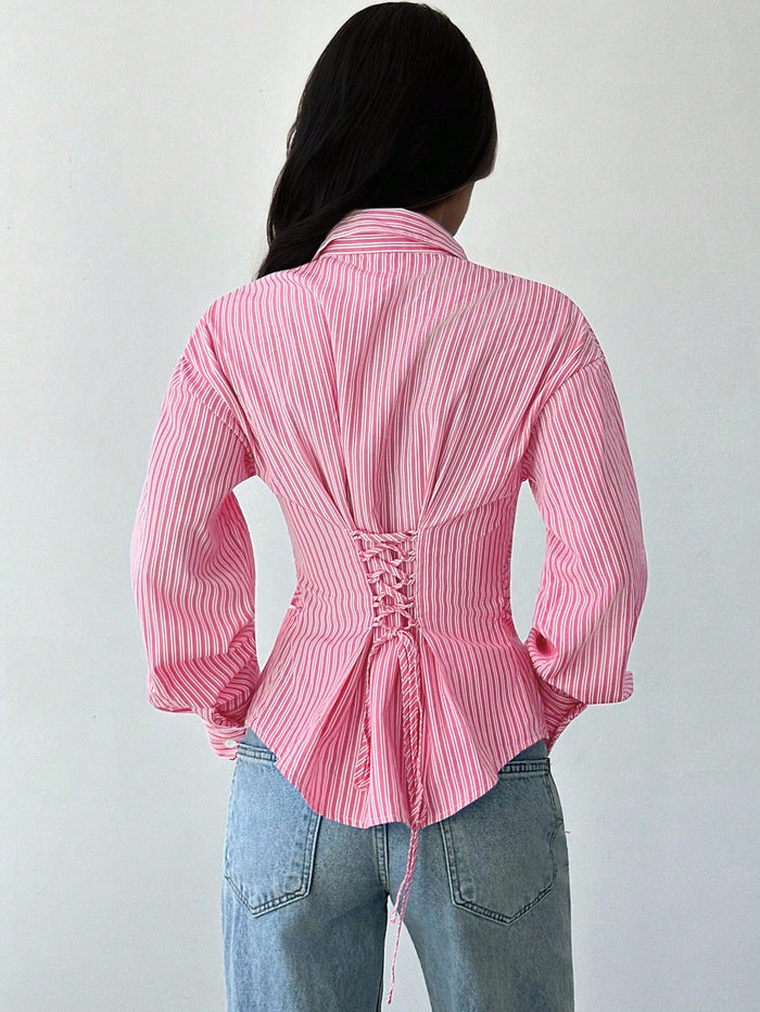 Women Pink Striped Corset Back Fitted Shirt with Long Sleeves