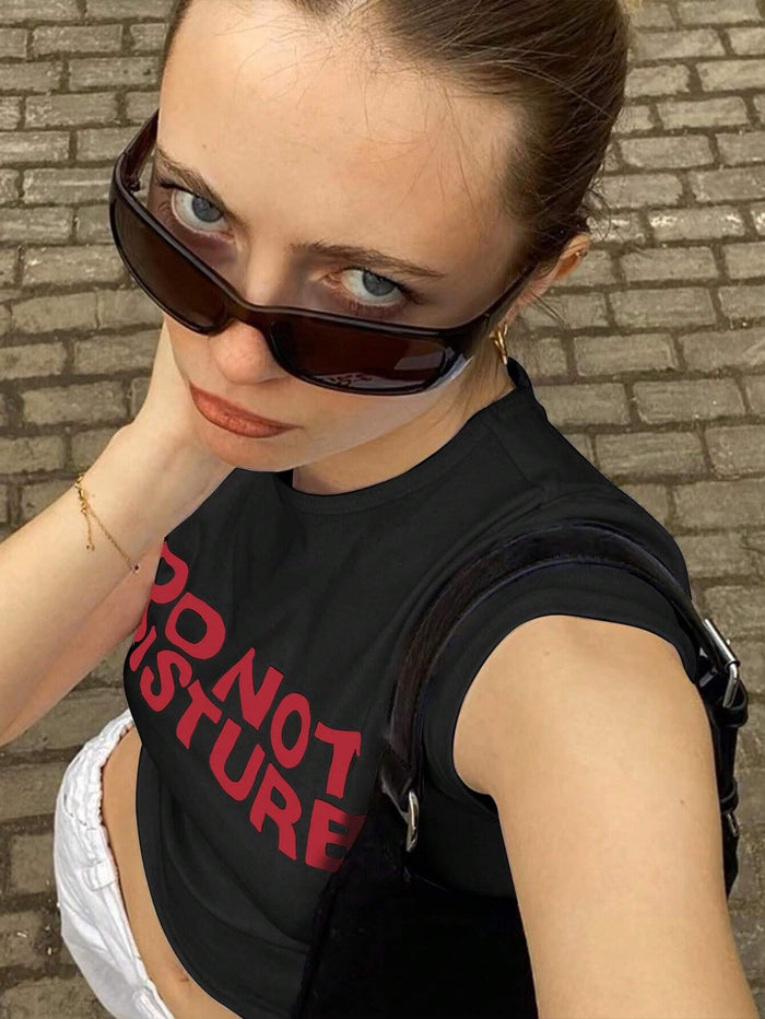 Black "Do Not Disturb" Printed Crop Top for Women