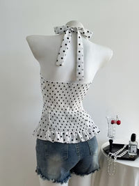 White Polka Dot Halter Neck Peplum Top with Smocked Back