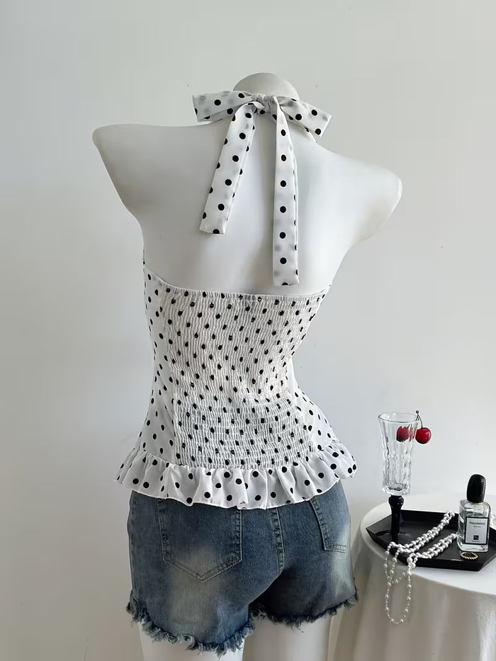 White Polka Dot Halter Neck Peplum Top with Smocked Back